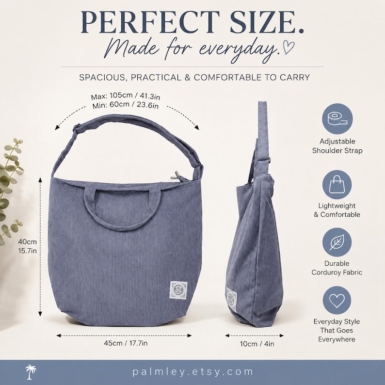 May include: A blue corduroy tote bag with a shoulder strap. The bag is 17.7 inches wide, 15.7 inches high, and 4 inches deep. The text on the image says "PERFECT SIZE. Made for everyday."
