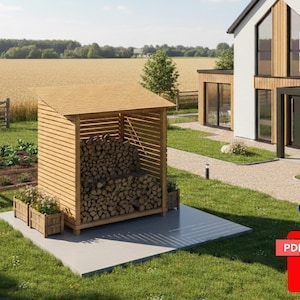 Puede incluir: Un cobertizo de almacenamiento de leña de madera con un diseño de listones, lleno de troncos apilados. El cobertizo tiene un techo inclinado y está sobre una losa de hormigón, con jardineras a ambos lados. El fondo presenta una casa y un campo.