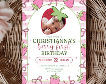 Berry First Birthday Invitation | Strawberry Theme, Photo Invite (Digital Download)
