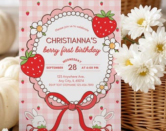 Strawberry First Birthday Invitation | Gingham & Bunnies (Digital Download, Editable in Canva)