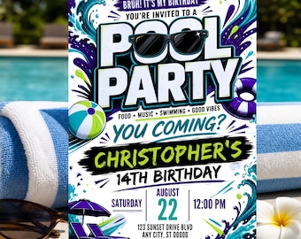 Boy Pool Party Flyer, Teen Birthday Invitation, Summer Swim Splash Party Invite (Canva Editable)
