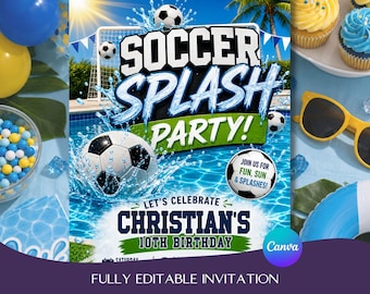 Soccer Pool Party Invitation, Editable Canva Birthday Invite (Digital Download)