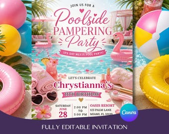 Poolside Pampering Party Invitation, Flamingo Spa Birthday Invite (Canva Template)