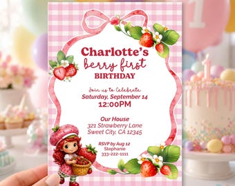 Sweet One Birthday Invite, Little Girl Shortcake 1st Birthday Invitation Strawberry Theme (Canva Editable)