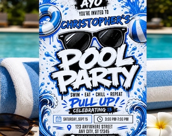 Boy Pool Party Invitation, Teen Birthday Splash Flyer (Canva Editable)