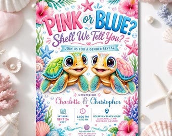 Invitaciones para revelación de género con temática marina, baby shower con temática oceánica y playera (plantilla digital editable de Canva).