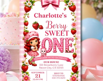 Berry Sweet One First Birthday Invitation, Baby Girl Strawberry Theme (Canva Editable)
