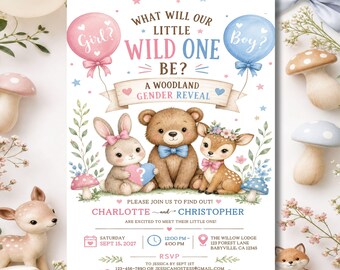 Woodland Gender Reveal Party Invitation Forest Baby Shower Announcement (Editable Canva Digital Template)