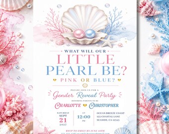 Invitación para revelar el sexo del bebé con diseño de concha marina y perlas (plantilla digital editable de Canva)