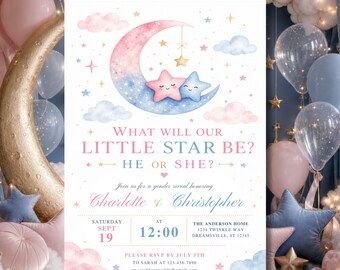 Invitación para revelar el sexo del bebé "Estrellita Brillante": Luna Celestial, Estrellas (Plantilla Digital)