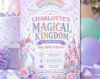 Unicorn Birthday Invitation, Princess Theme Girl 5th Birthday Party Invite (Canva Editable Flyer)