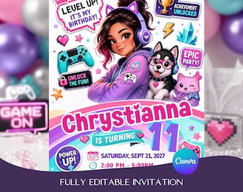 Gamer Girl Birthday Invitation, Level Up Party, Retro Gaming Invite (Canva Editable)