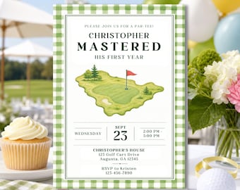 Golf First Birthday Invitation Baby Boy One Year Old Party Invite Editable Canva Template)
