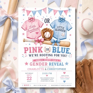 May include: A gender reveal invitation card featuring a pink baseball jersey labeled Little Sweetheart and a blue jersey labeled Little Slugger. The design includes a baseball, a glove, a wooden bat, and bunting. Text reads Pink or Blue, We're Rooting For You, Gender Reveal, Charlotte & Christopher, Sept 22, 2027, 2:00 PM, and event details.