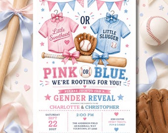 Baseball Gender Reveal Softball Invitation Boy or Girl Baby Reveal Ideas (Editable Canva Digital Invite Template)