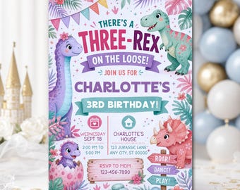 Invitación de cumpleaños para niña con temática de dinosaurios Three Rex, plantilla editable de Canva para invitación de fiesta de cumpleaños de niña (descarga digital)