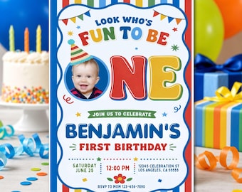 Boy First Birthday Invitation, Fun To Be One Photo Invite (Canva Template)