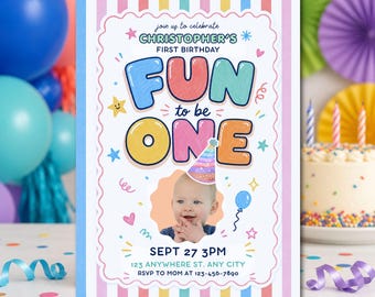 Baby Boy Fun to Be One Photo Invite, First Birthday Milestone Invitation (Canva Editable)