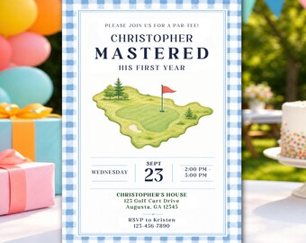 Baby Boy Golf First Birthday Party Invitation Mastered First Year Invite (Editable Canva Template)