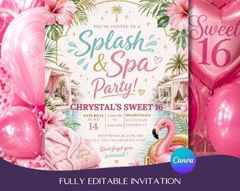 Sweet 16 Pool Party Invitation, Pink Flamingo Spa Birthday Invite (Canva)