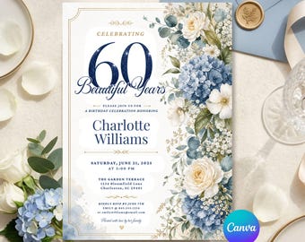 Elegant Blue Floral 60th Birthday Invitation, Navy Gold Canva Template (Digital Download)