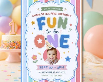 First Birthday Invitation, Fun to Be One, Rainbow Stripes, Photo Invite (Canva Editable)