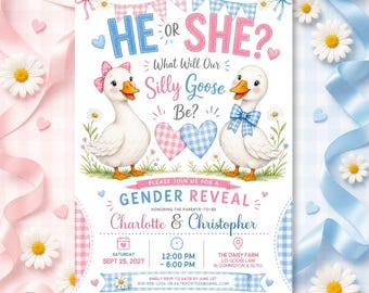 Silly Goose Baby Gender Reveal Invitation Digital He or She Party Invite (Editable Canva Template)
