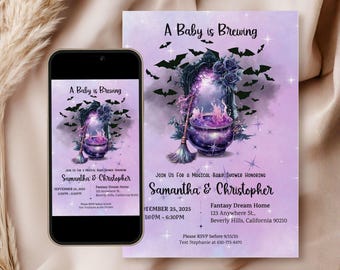 Witchy Baby Shower Invitation, Spooky Cauldron, Purple Halloween (Digital Invitation Template)