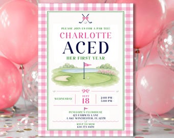 First Birthday Invitation Girl Pink Golf Theme Party One Year Old (Editable Canva Template)