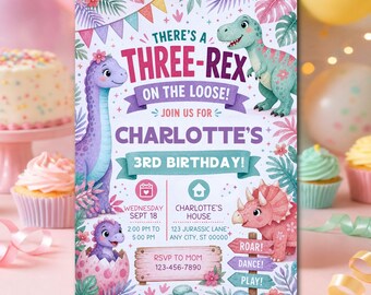 Dinosaur Birthday Invite, Three Rex Dino Third Birthday Invitation Template Girl (Canva Editable)