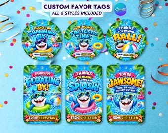 Etiquetas para bolsas de regalos y recuerdos de fiesta de cumpleaños con temática de tiburones, etiqueta de agradecimiento personalizada para dulces, adorno personalizado para bolsas de regalos (descarga digital).