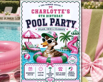 Girls Pool Party Invitation, Preppy Summer Birthday, Editable Canva Flyer (Digital Download)