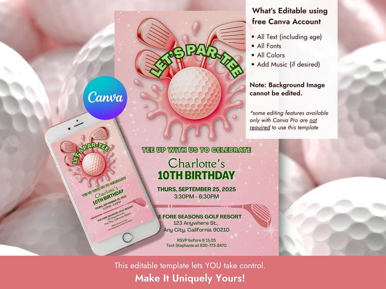 Preppy Pink Golf Birthday Invitation, Editable Par-tee Template ...