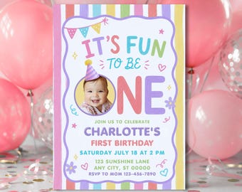 Baby Girl First Birthday Milestone Invitation, Fun to Be One Photo Invite (Canva Editable)