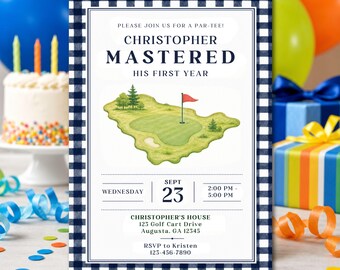 Navy Mastered First Year Invitation Boy Golf Theme First Birthday Invite (Editable Canva Template)