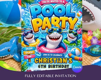 Shark Pool Party Invitation, Summer Birthday Invite, Editable Canva Template (Digital Download)