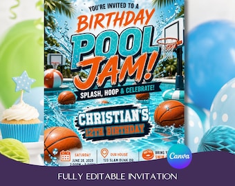 Basketball Pool Party Invitation, Birthday Slam Dunk Swim Bash (Canva Template)