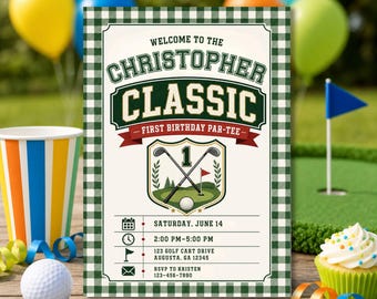 Digital First Birthday Invitation Golf Classic Lets Par Tee Invite (Editable Canva Template)
