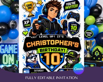 Boy Gamer Birthday Invitation, Level Up Video Game Party Invite (Digital Download)