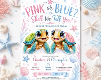 Invitación para revelar el sexo del bebé con temática de tortugas marinas: Anuncio de baby shower con temática oceánica (plantilla digital editable de Canva)