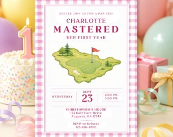 1st Birthday Invitation Baby Girl First Birthday Golf Lets Par-Tee Theme (Editable Canva Template)