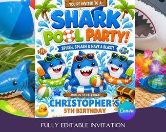 Little Shark Pool Party Invitation, Boys Summer Birthday Template (Canva Download)