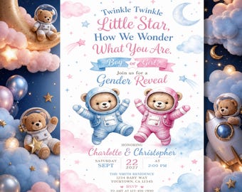 Plantilla de invitación digital para revelación de género, invitación para fiesta de revelación de género del bebé, osito de peluche editable en Canva