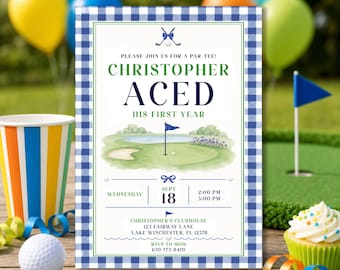 First Birthday Boy Golf Theme Invitation One Year Old Party Invite (Editable Canva Template)