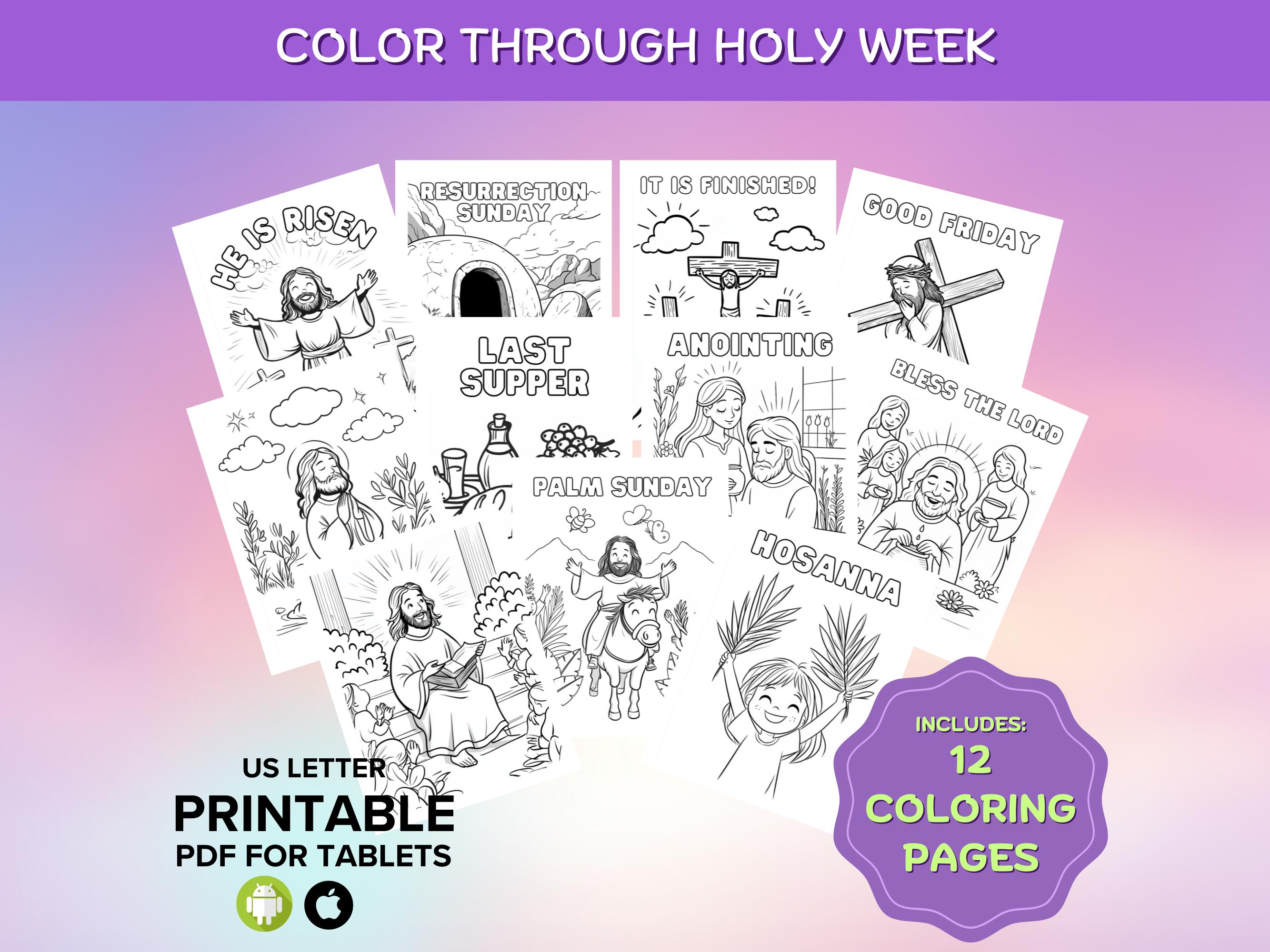 Holy Week Coloring Pages, Easter Sunday Christian Printables, Lent, Palm Sunday, Good Friday, Resurrection for Kids, Youth Group, Ministry