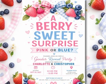 Invitación sorpresa para revelar el sexo del bebé Berry Baby - Ideas para fiestas de revelación de género - Invitación para niño o niña (Plantilla digital editable de Canva)