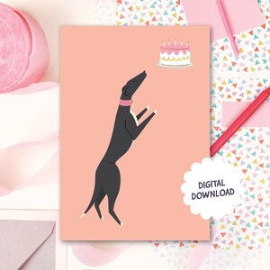 Carte d'anniversaire imprimable de lévrier | chien veut un gâteau | Téléchargement numérique instantané | Carte chien drôle