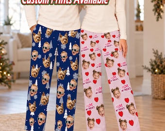 Pyjamahosen mit Fotomotiv, personalisierter Gesichts- und Haustierdruck, Größen für Erwachsene und Kinder