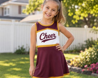 Custom Cheerleading Dress, Maroon Gold Cheer Uniform, Personalized Girls Cheer Outfit, Kids Youth Adult Cheerleader Costume
