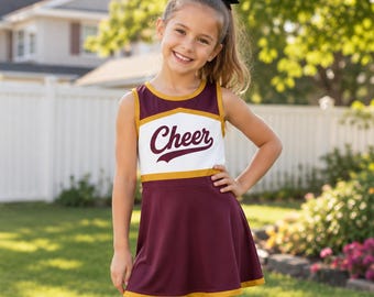 Custom Cheerleading Dress, Maroon Gold Cheer Uniform, Personalized Girls Cheer Outfit, Kids Youth Adult Cheerleader Costume